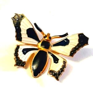 Vintage Art Deco Black White Enamel Butterfly Pin Brooch
